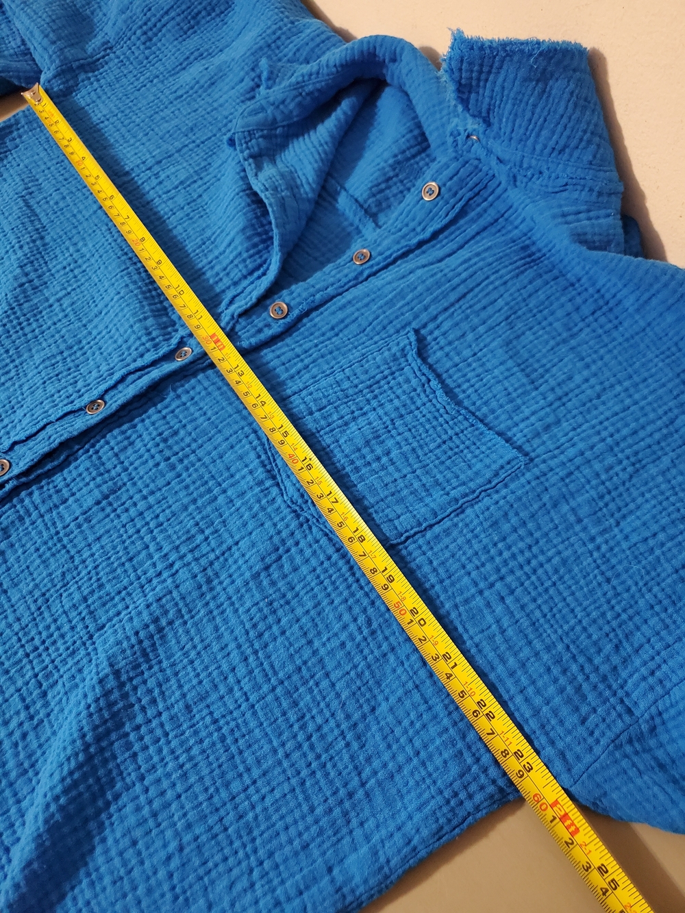 Textured Raw Edge Blue Button-Front Gauze Shirt Oversized Beach Cover Up - Picture 7 of 7